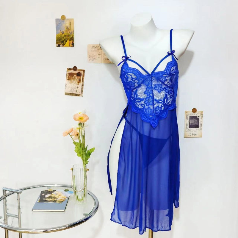 Fun lingerie, sexy mesh, perspective lace embroidery, suspender pajamas, women's split open breast revealing long dresses