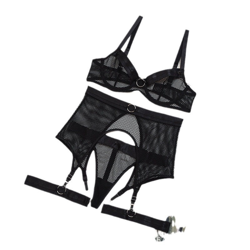 Hot selling sexy perspective splicing four piece set with hanging neck to gather comfortable and fun lingerie 09335