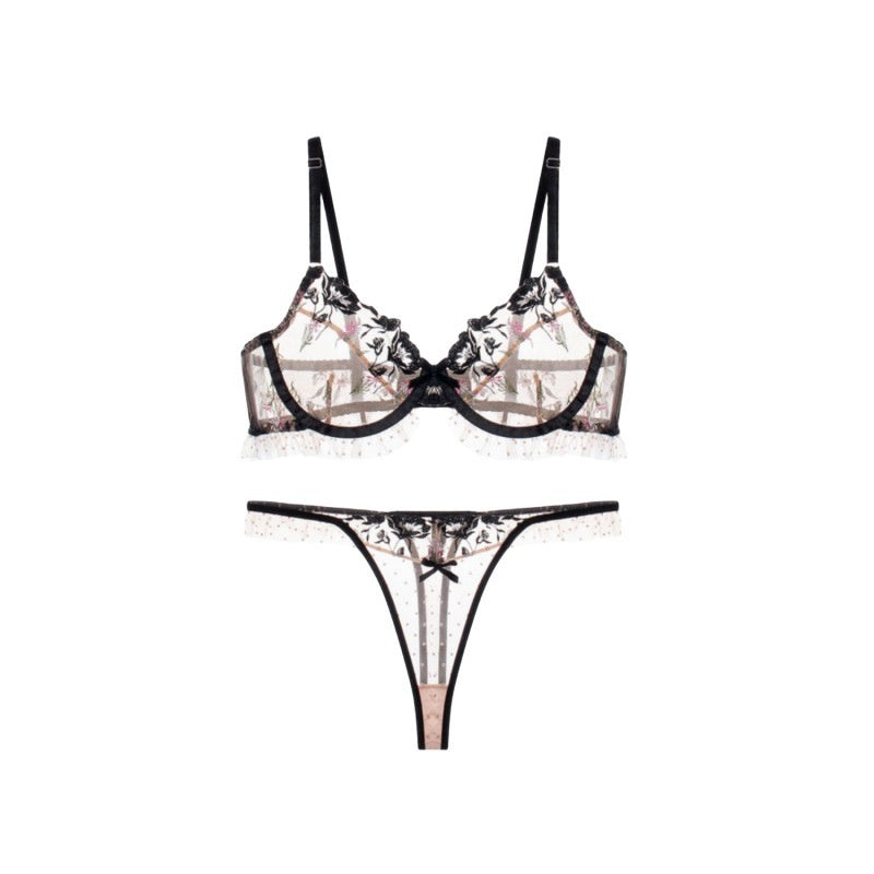 Bra set with thin floral embroidery steel rings gathered to support sexy and fun lingerie for women